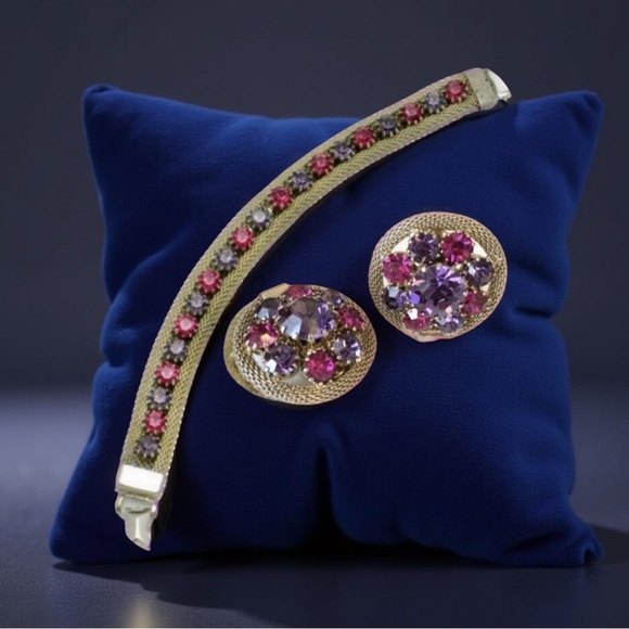 Weiss Mesh Purple Pink Rhinestone Bracelet  & Earrings, 1950s Vintage Jewelry - Picture 12 of 12